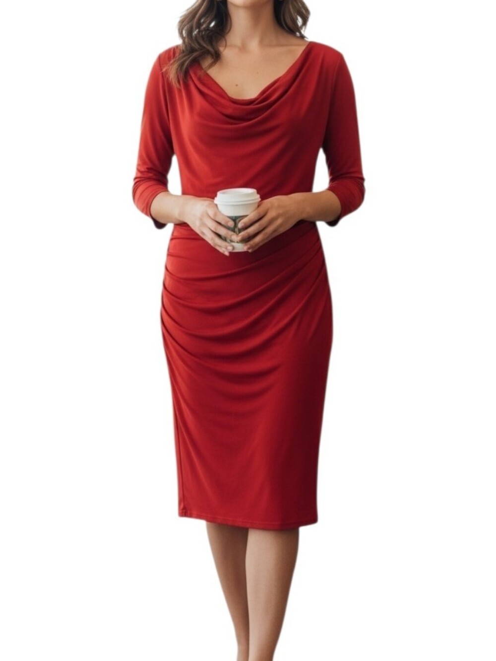 RSVP womeb's size 12 red cowl neck ruched sheath dress 3/4 sleeve